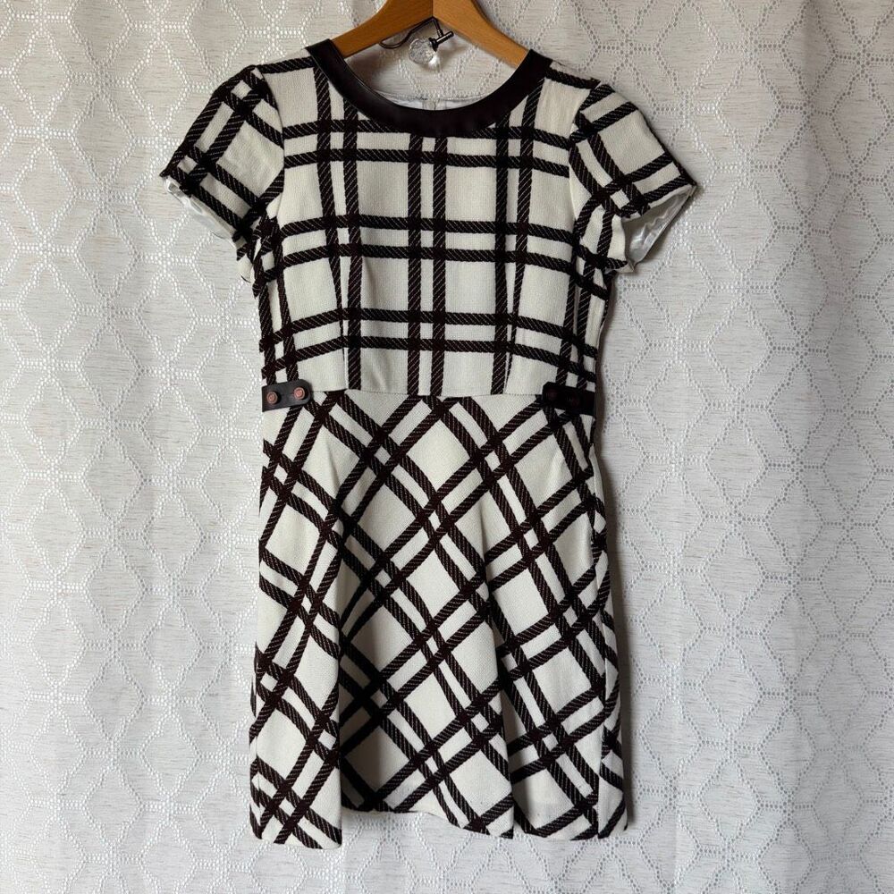 Hartstrings KC Parker Girls 16 Brown Cream Plaid Knit Dress Faux Leather NWT